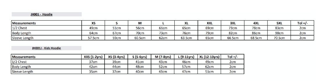 Rossendale Leisure Trust - Kids Hoodie - Size Guide